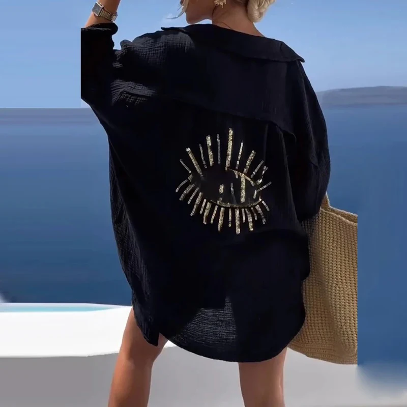 Beach Wear Women 2024 Spring Geometric Eye Sequin Top Casual Long Sleeve Loose Shirts Summer Turn-down Collar Button Long Blouse