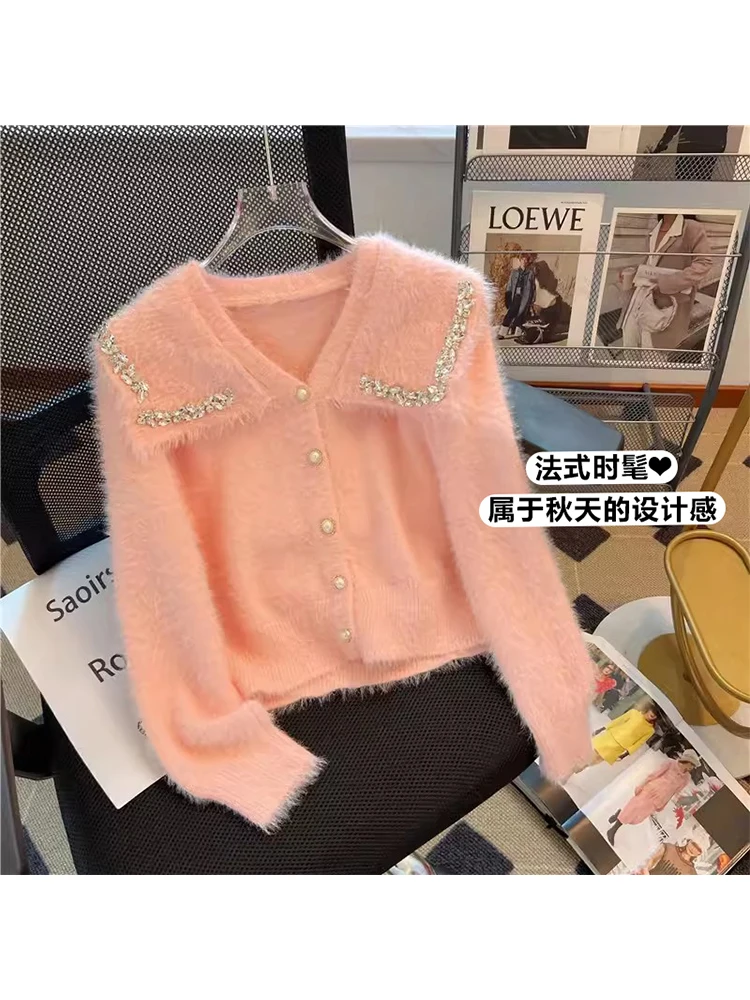 

Women's Pink Mohair Cardigan Knitted Sweater Long Sleeve Knit Sweater Korean Kawaii Y2k 2000s Vintage Jumper Top Autumn Clothes