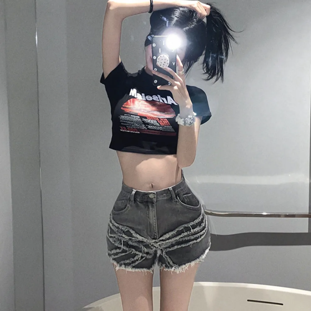 Y2k Jeans Women Denim Shorts With Leg Warmers Retro Gray Flare