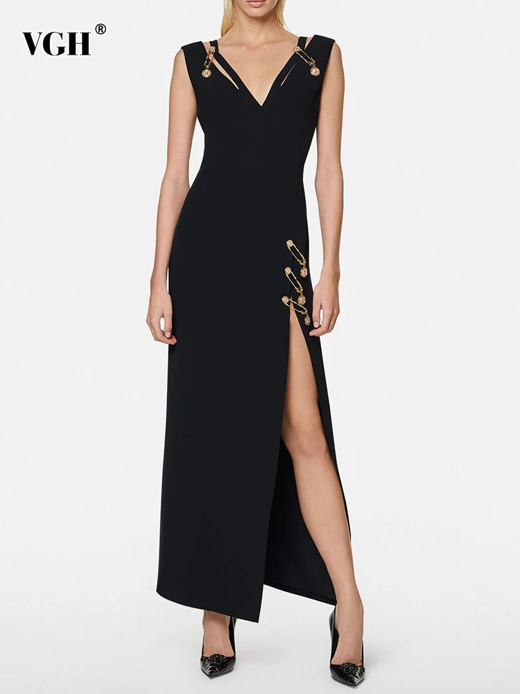 

Женское платье с разрезом VGH, лоскутное платье до бедра с металлической пряжкой и V-образным вырезом, без рукавов, с высокой талией и открытой спиной, женское летнее Бандажное платье, 2023