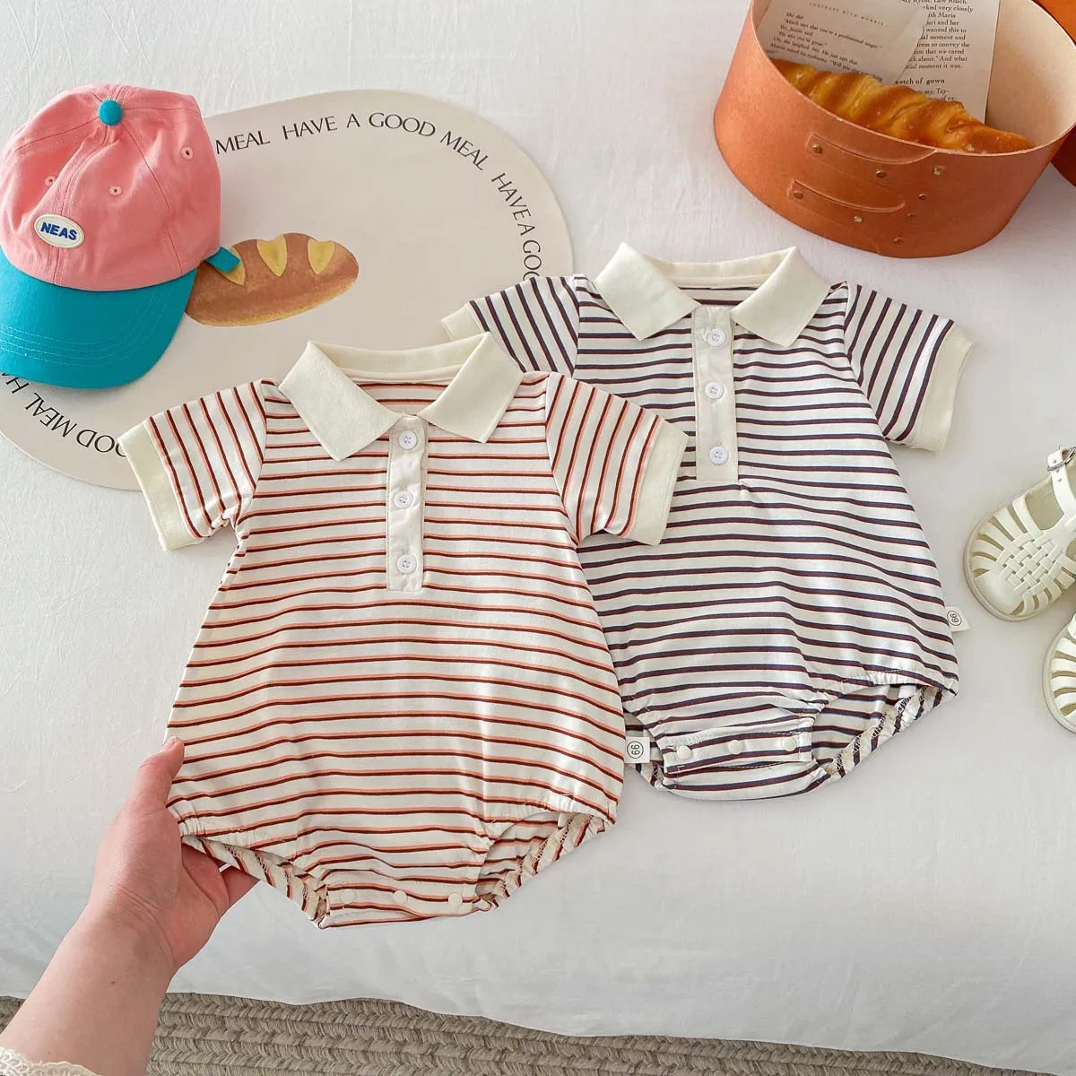 2024 Summer New Baby Polo Collar Short Sleeve Bodysuit Cotton Infant Girl Boy Striped Jumpsuit Newborn Toddler Clothes 0-24M