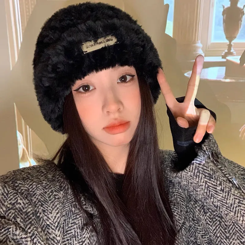 Winter New Thick Women Solid Color Soft Thicken Plush Beanies Hat Korean Ladies Girls Ski Skate Ear Warm Caps_voghion.com