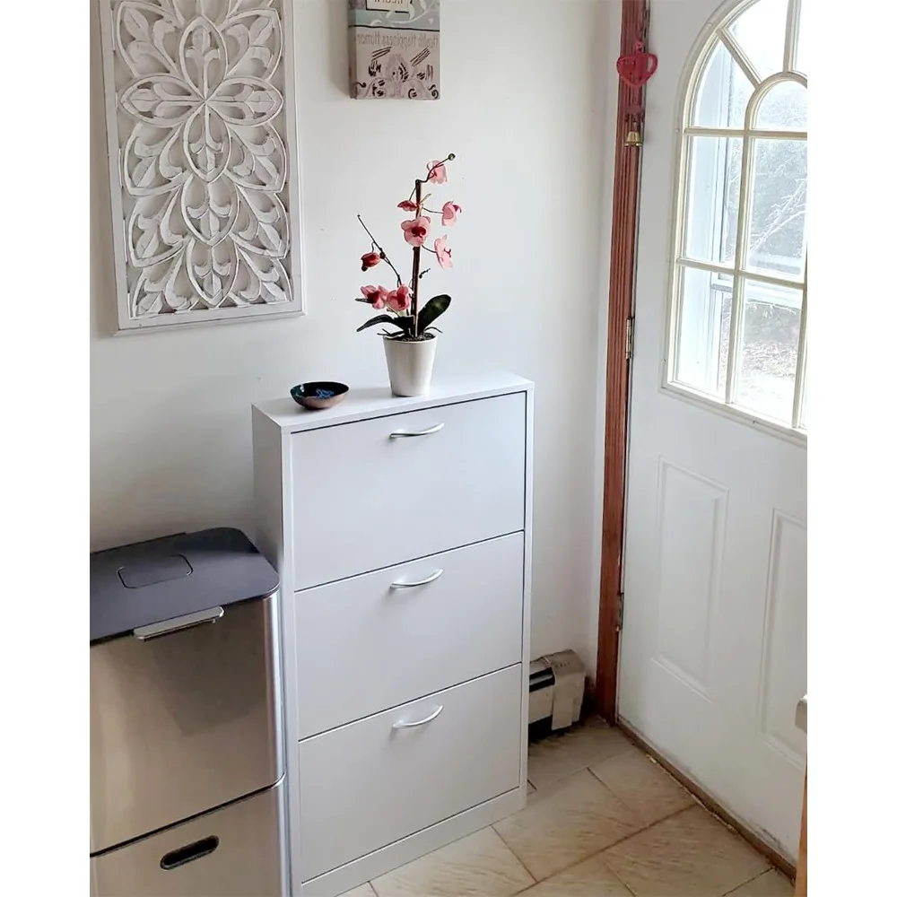 Shoe Cabinet for Entryway, White Narrow Storage Cabinet Flip Down Shoe Rack Wood 3 Tier Organizer