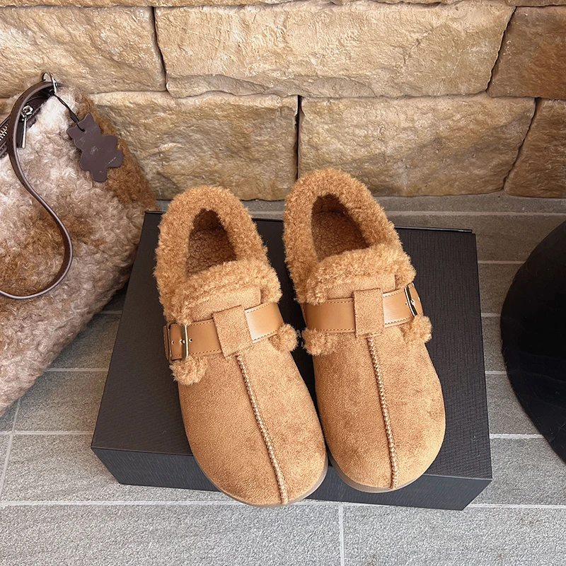 Aphixta Winter Warm Snow Boots Metal Buckle Cow Suede Upper Furry Shoes For Woman 3cm Flat With Boot Round Toe Slip On Footwear