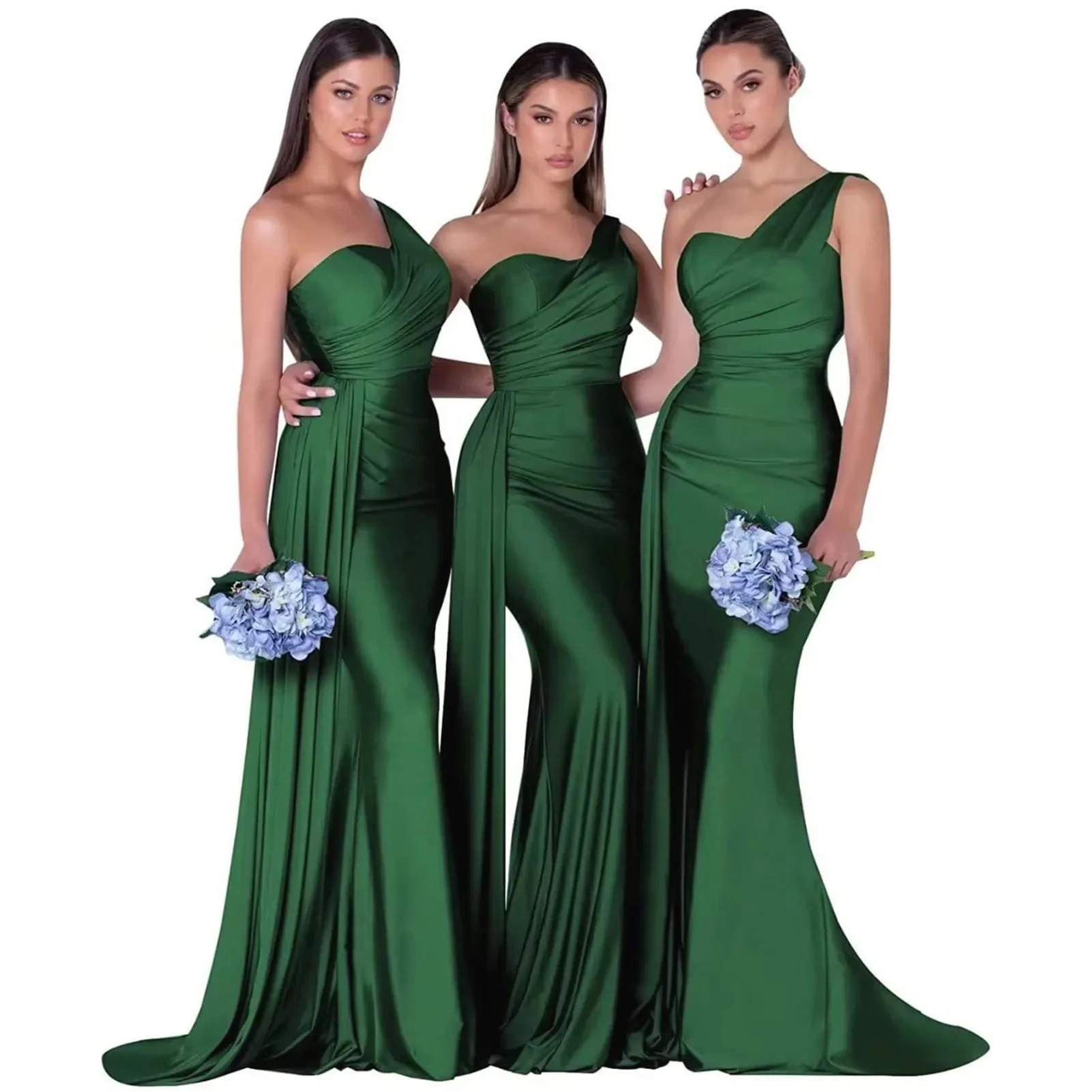 

Elegant One-Shoulder Mermaid Bridesmaid Dresses Simple Sleeveless Satin Wedding Party Gown Vestidos Para Bodas With Train