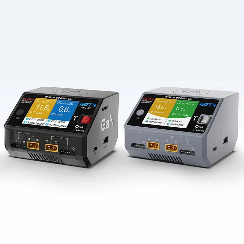 Двухканальное зарядное устройство HOTA D6 Ultra AC 300 Вт/DC 650 Вт (GaN+SiC) для 1-6S LiPo/LiHV/NiZn/NiCd/NiMH (XT60) FPV thumbnail 6