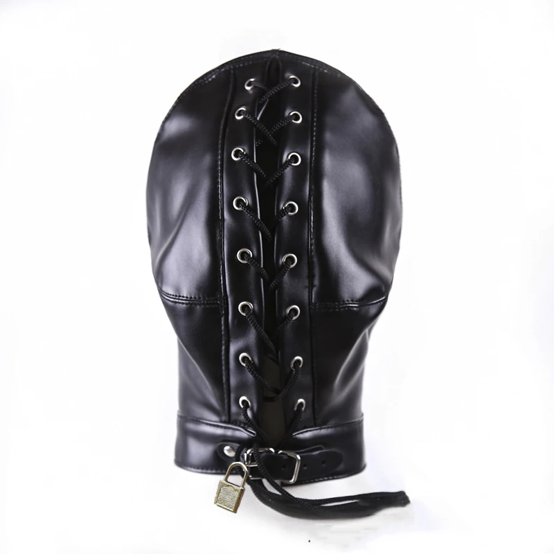BDSM Leather Masked Head Hood Lock Face Mask Bondage Blindfold Lockable Latex b_voghion.com