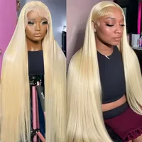 Perruques blondes 613 transparentes, perruque frontale en dentelle de 46 pouces, cheveux raides, densité 250, perruques brésiliennes en cheveux humains pour femmes 1
