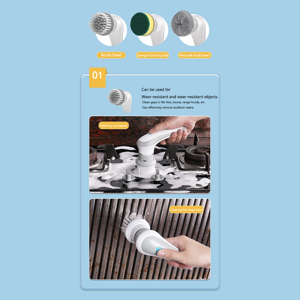 Handheld Scrubber Brush Multifunctional Electric Brush Cleaner 360 Degree Rotation 3 Replaceable Brush Heads Kichen Accessories