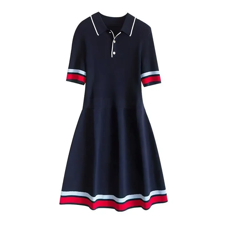 Abiti in maglia con colletto polo per donna Estate manica corta Slim elegante abito da festa Casual Chic coreano Stripe Vestido Feminino Nuovo - immagine 5