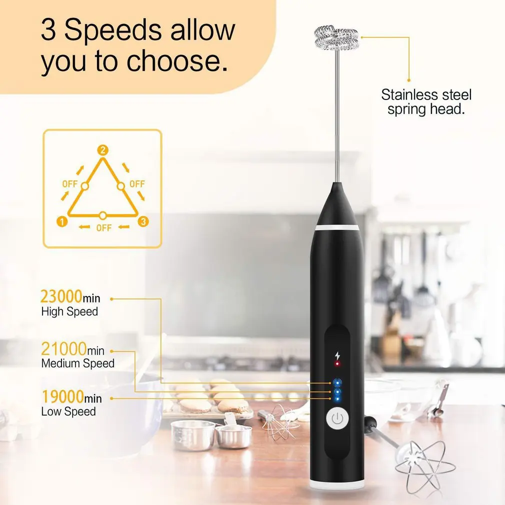 Handheld Milk Frother With Two Heads - USB Rechargeable Battery