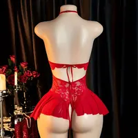 Lingerie rouge à col suspendu, Costume érotique pour adulte, soutien-gorge en V profond, sous-vêtements de femme sans entrejambe, robe ouverte de nuit sexuelle, body, combinaison Sexy 4