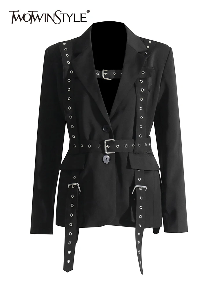 VGH solid two piece set for women Diagonal collar long sleeve spliced button top high waist a line skirt temperament sets female main image 0