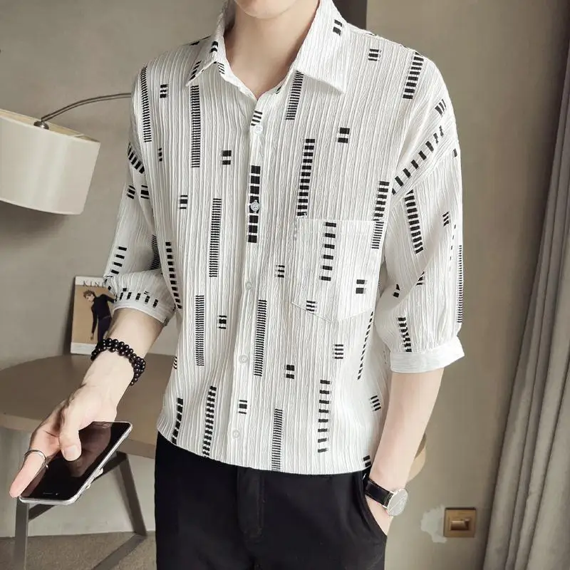 Summer New Turn-down Collar Fashion Three Quarter Shirt Man High Street Casual Button Cardigan Striped Pockets Patchwork Tops