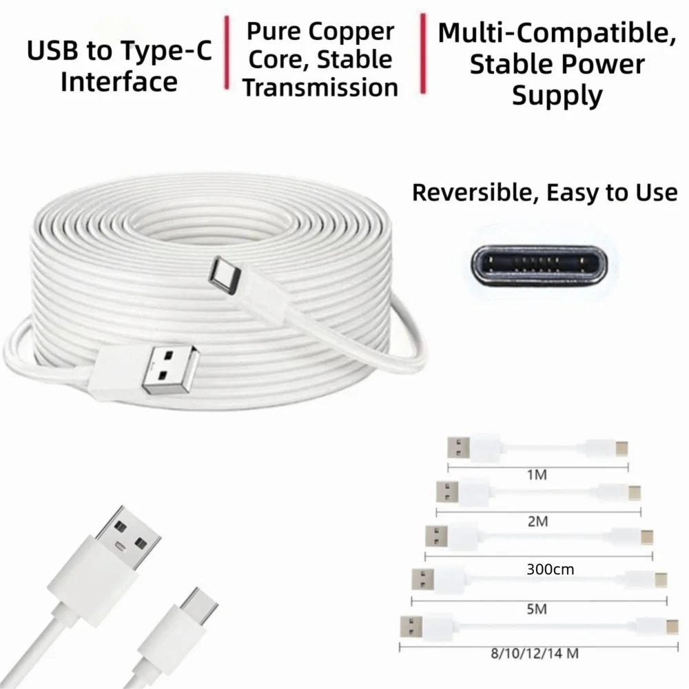 Pure Copper Core USB to Type-C Data and Charging Extension Cable (Various Lengths)