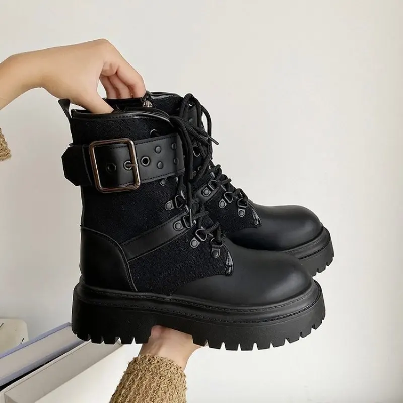 New Black Chunky Heel Platform Punk Outdoor Women's Hot Girl Knight Western Cowboy Boot English Style Fashion Comfort Ankle Boot