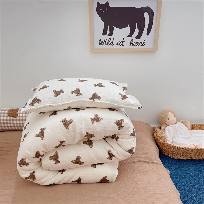 Teddy Bear Cotton Muslin Duvet Cover Set Cute Bear Duvet Cover and Pillowcase Set for Childrens