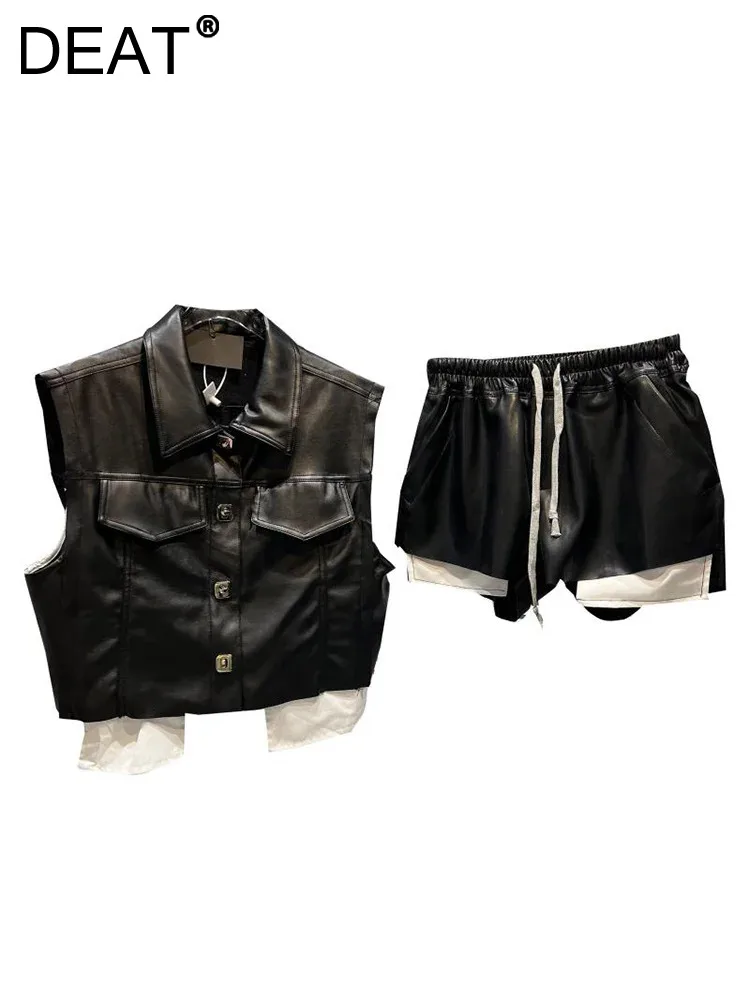 

DEAT Women Camis Black Sleeveless Pu Leather Contrast Collar Pockets Single Breasted Waistcoat 2024 Summer New Fashion 11XX0126