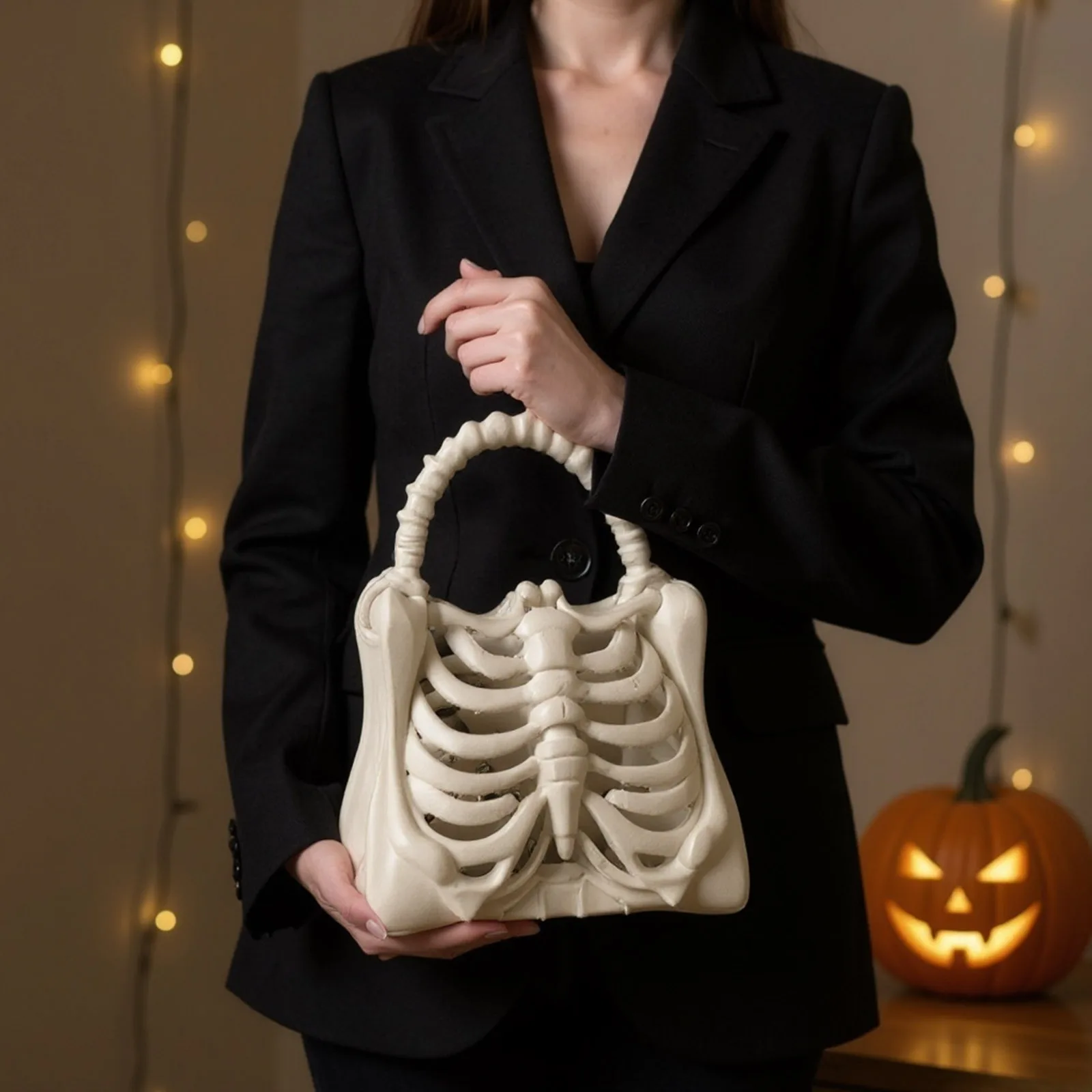 3D Printed Skeleton Handbag Gothic Rib Cage Shape Purse Unique Halloween Party Clutch Bag for Women