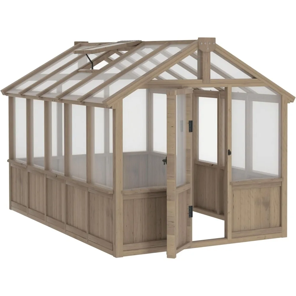 6x10FT Wood Greenhouse, Greenhouses for Outdoors with Lockable Door, Cedar Frame & Adjustable Vent, Green House 3
