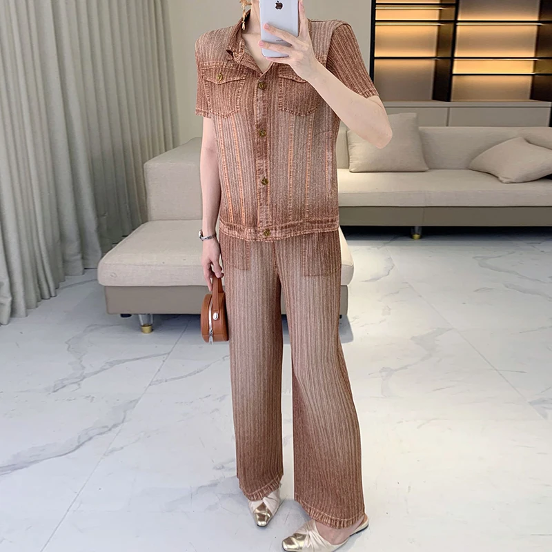 LANMREM High-end Simple Pleated Cardigan Short Sleeve Shirt And Straight Pants Fashion Imitation Denim Set For Women 2DB4494 - Image 6