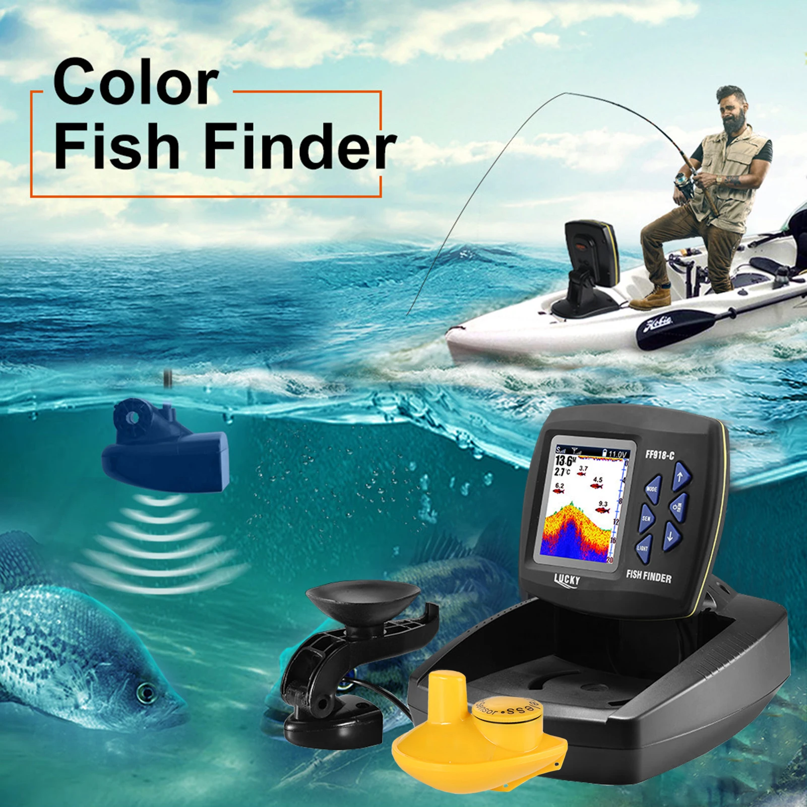 Fish Finder Fishing Accessories FF918 Wireless Sonar Sensor Depth Finder Locator with Wired Transducer for Boat Kayak Fishing