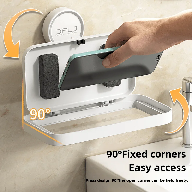 Waterproof Anti-Fog Wall-Mounted Phone Holder 480&deg; Rotation with Suction Cup-Flexible ABS Bathroom Storage Case,Up To 6.8In