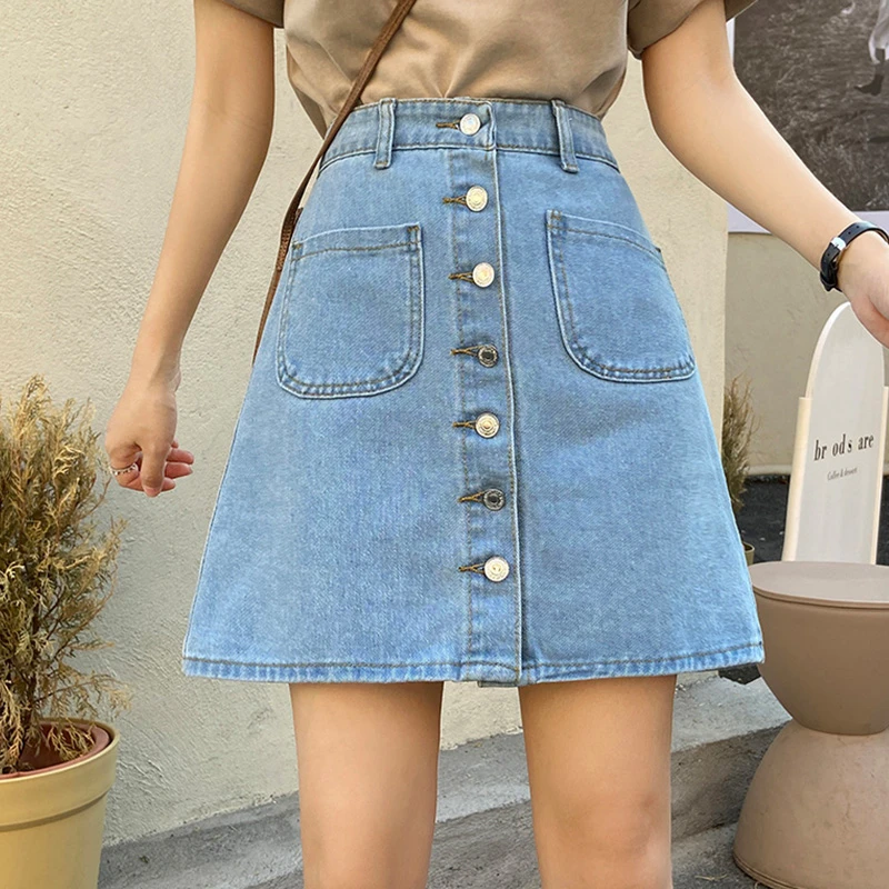 Ailegogo New Summer Women Single Breasted A-line Retro Blue Denim Short Skirt Casual Female Pocket Ladies Jeans Skirts skirt top