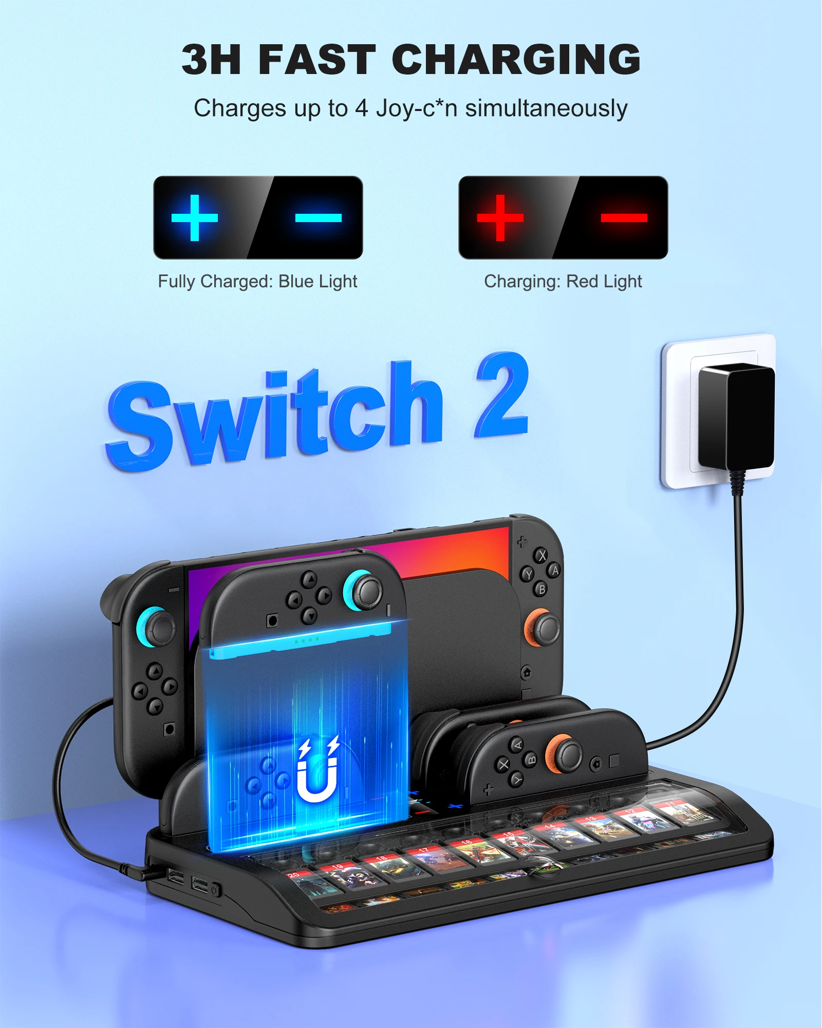 BEBONCOOL SC200 Switch2 충전 도크 4-컨트롤러 고속 충전 20 게임 카드 보관 2 USB 듀얼 레이어 파티 게임
