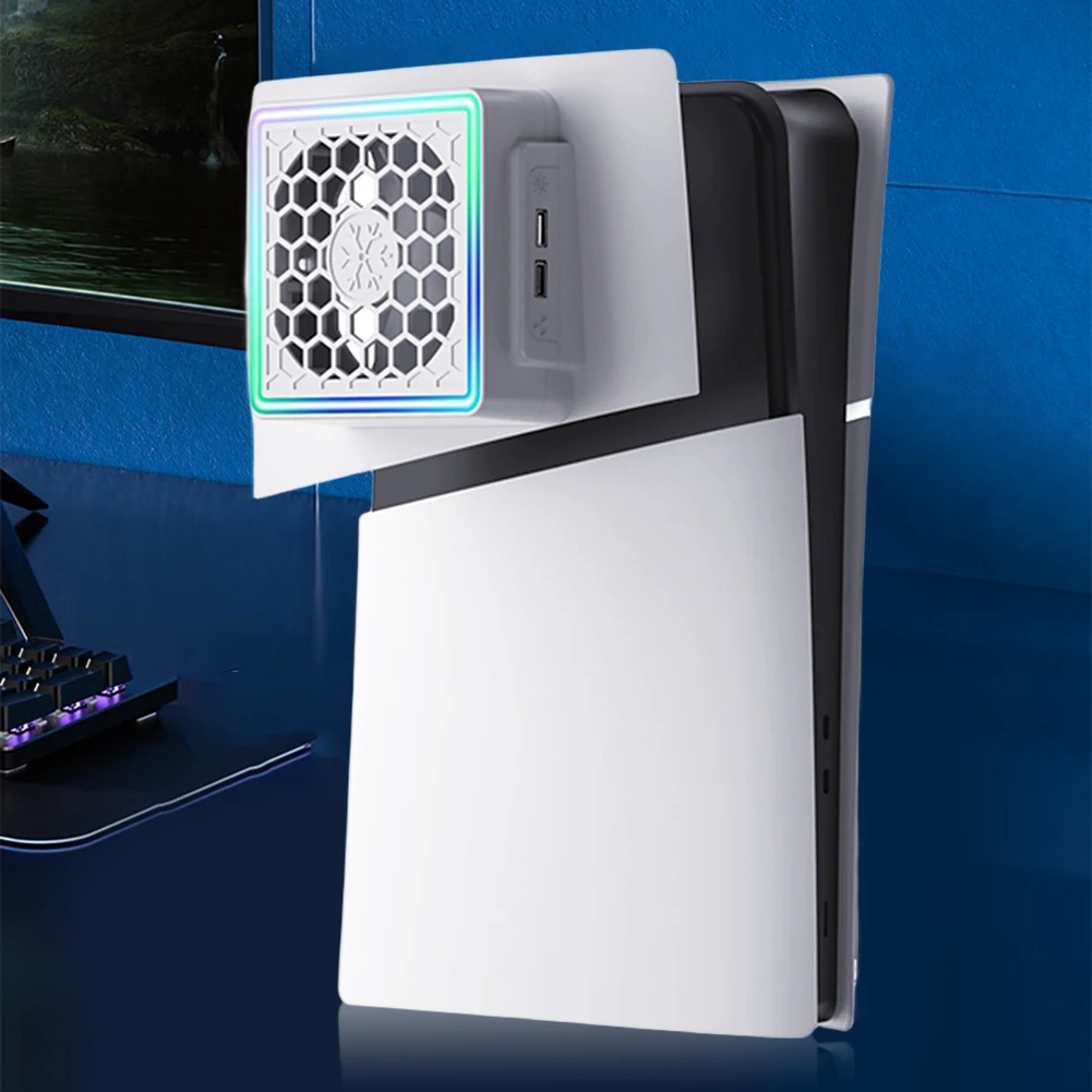 LED 조명이 있는 측면 장착 선풍기, PS5 슬림 게임 콘솔용 콘솔 쿨러 선풍기, USB 포트 2 개, 5V 2.4A