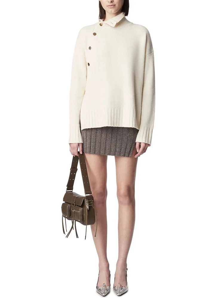 

y2k fall and winter diagonal metal buttons pure cashmere turtleneck pullover women2023 loose versatile Women's long sleeve top