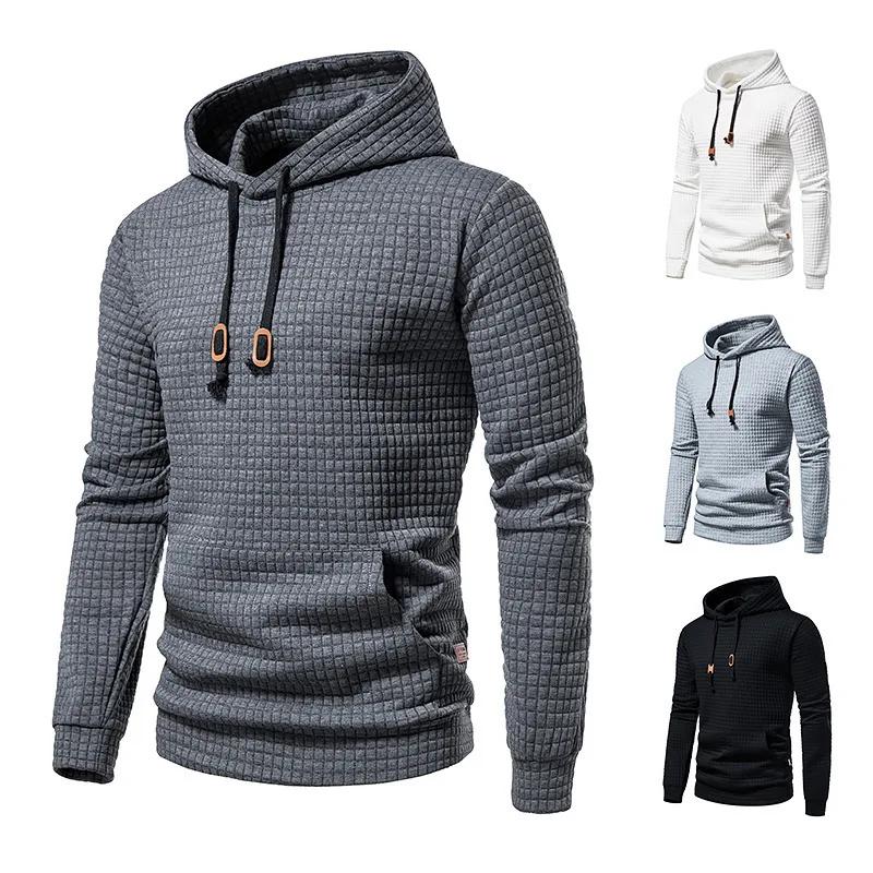 

2024 New European men's casual pullover jacquard hoodie with men's plaid quilted cotton fabric hoodie trend