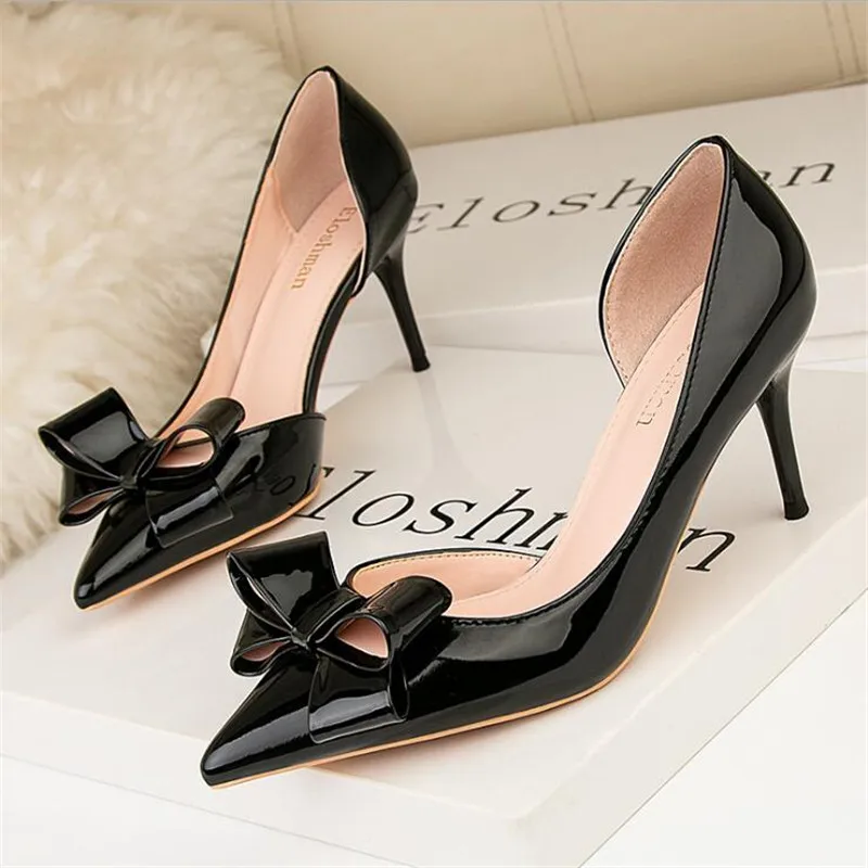 

2023 Fashion Delicate Sweet Bowknot High Heel Shoes Side Hollow Pointed Women Pumps Pointed Toe 7CM thin Dress Shoes zaptos muje