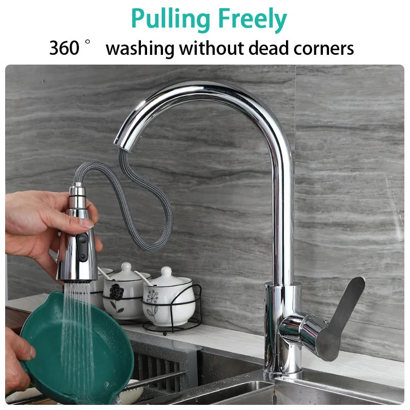 

Kitchen Faucet Stainless Steel 2 Holes Pull Out Spout Kitchen Sink Stream Sprayer Head Water Tap Two Function Single Handle