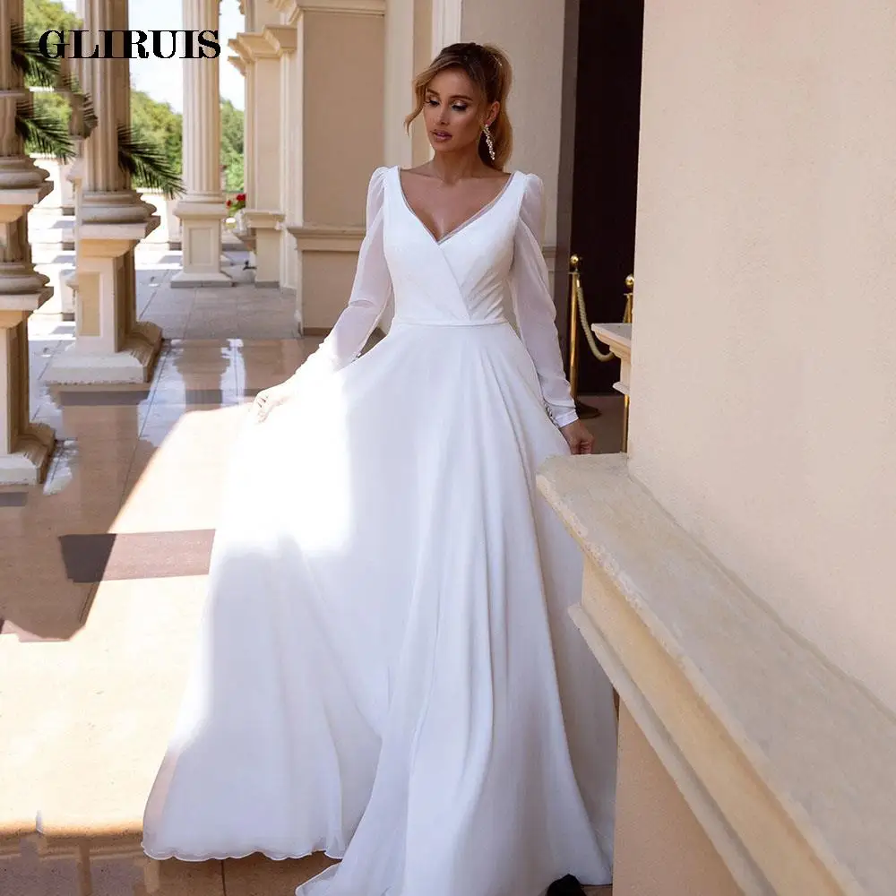 

Boho V-Neck Chiffon Wedding Dress Long Sleeves Simple Wedding Gowns2022 Backless Elegant Bridal Gown For Women Vestido de Novia