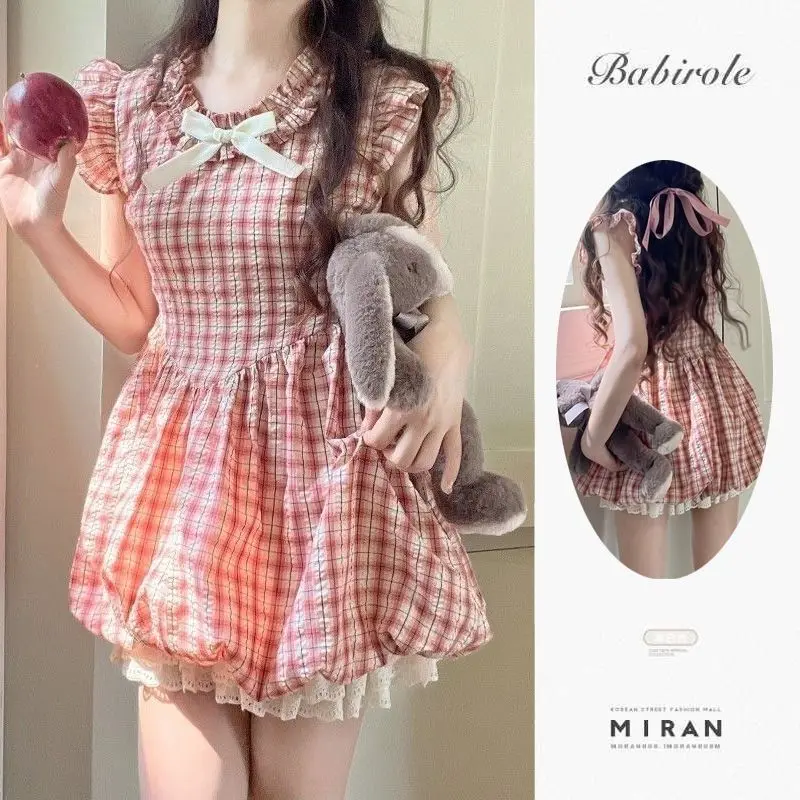 

Summer Korean 90s Vintage Party Mini Plaid Dress Women 2000s Aesthetic Mori Girl Frocks Lace Court One-Piece Party Kawaii Design