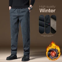 High Quality Winter Fleece Warm Casual Pants Men Elastic Waist Straight Zipper Pocket Outdoors Flocking Corduroy Trousers Male
