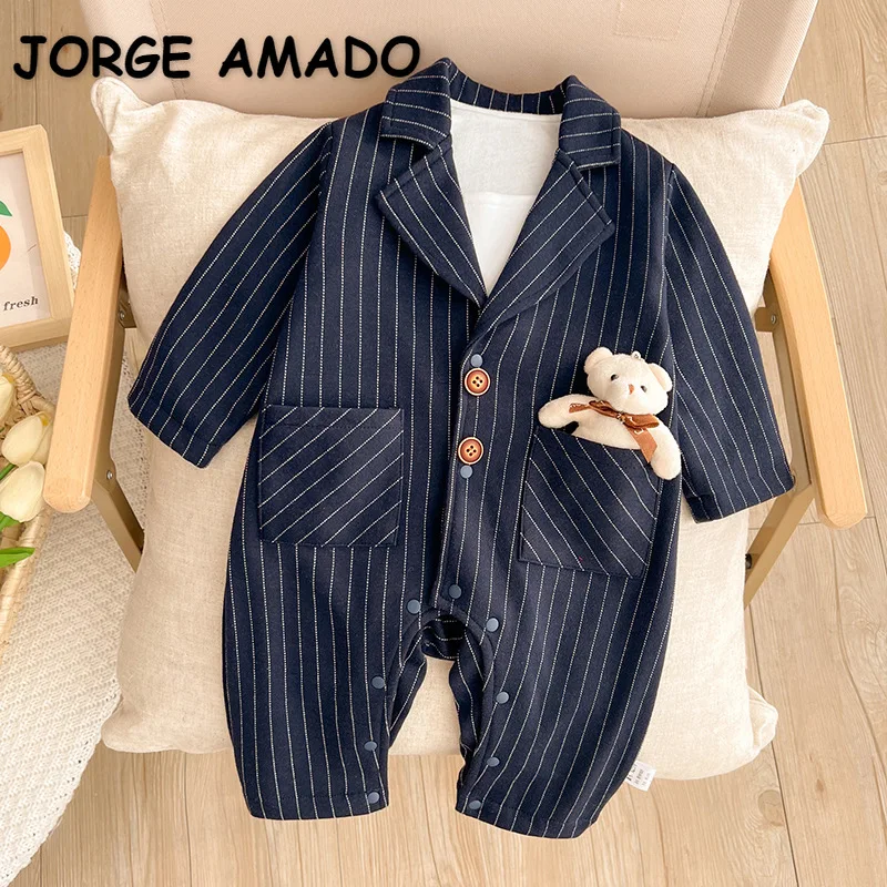 

Spring Autumn Baby Boy Gentleman Jumpsuit Vertical Stripe Tailored Collar Long Sleeve Rompers Newborn Hundred Days Clothes E2379