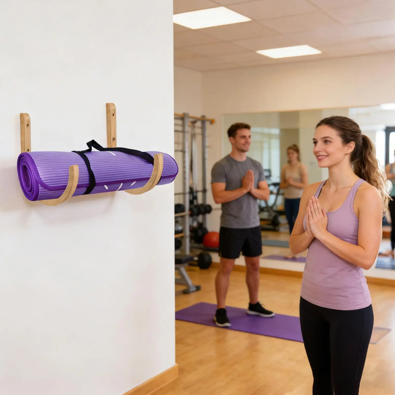 Wooden Wall-Mounted Yoga Mat Organizer - Space-Saving Exercise Mat Rack for Home Workouts (Set of 2)