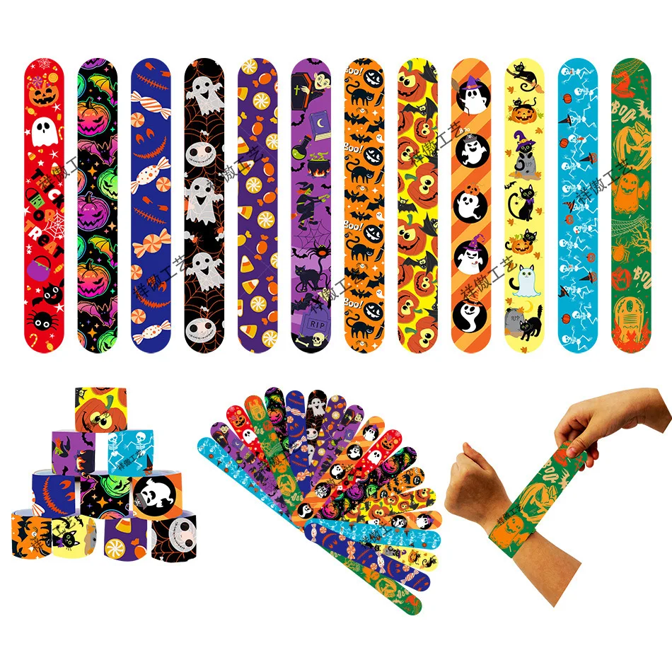 

12pcs Halloween Slap Bracelets Cartoon Pumpkin Witch Spider Bracelet Halloween Party Gifts Kids Favor Happy Halloween Day Decors