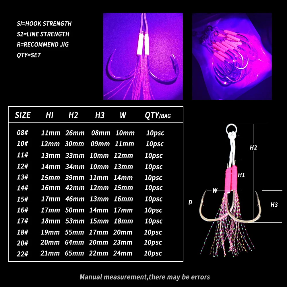 TL 10개/가방 UV 보조 후크 8  -22    고탄소 강철 쌍둥이 낚시 후크 캐스트 지그 스레드 깃털이 있는 가시 지그 후크