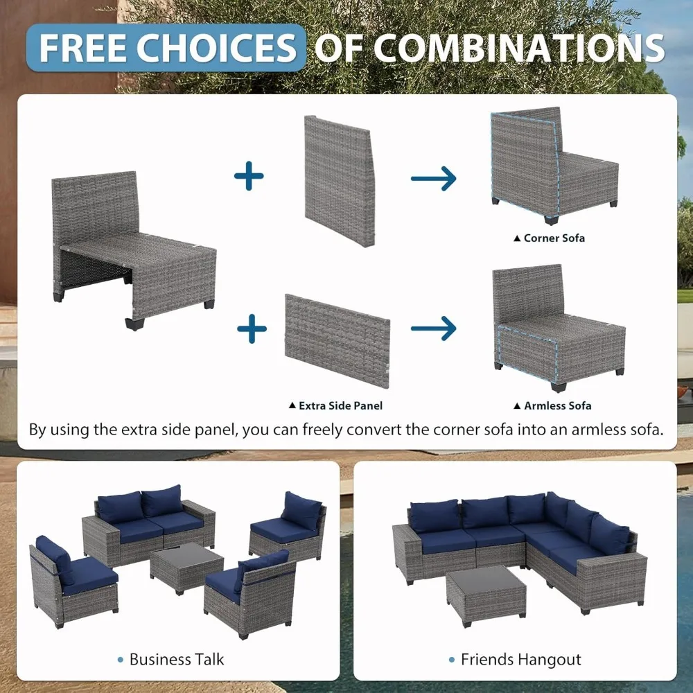 6 Pieces Outdoor Patio Furniture Set, Rattan Patio Sectional Sofa Conversation Set with Coffee Table,PE Wicker L-Shaped Sofa Set 5