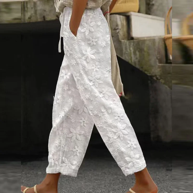 

Elegant Embroidered Lace Straight Trousers Women Fashion Drawstring Elastic Waist Pockets Pants Ladies Casual Loose Long Pants