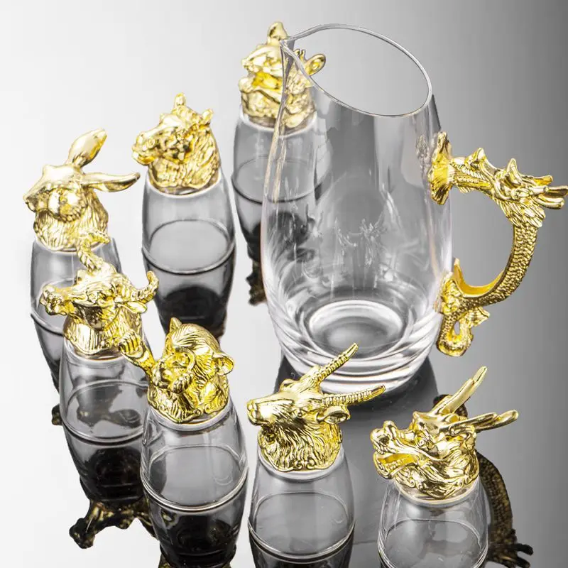 GIEMZA Zodiac Signs Cups Wine Glass for Liquor Chinese Traditions Collect Gift Box Luxury 12cups Animal Cup for Bar Ktv Party