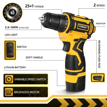 VVOSAI 16V MAX Brushless Cordless Drill 32N.m Electric Screwdriver 25+1 Torque Settings 2-Speeds MT-Series Power Tools 2