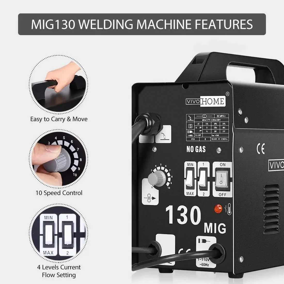 MIG Welder 130 Flux Core Wire Automatic Feed Welding Machine Portable No Gas 110V DIY Home Welder w/Free Mask Black