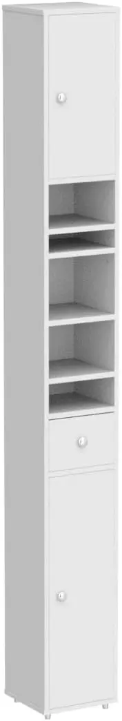 Narrow Storage Cabinet. Skinny Tall Unit. Adjustable Shelves. Anti-Tipping. Floor Standing. Laundry Room. White. BZR34-W.