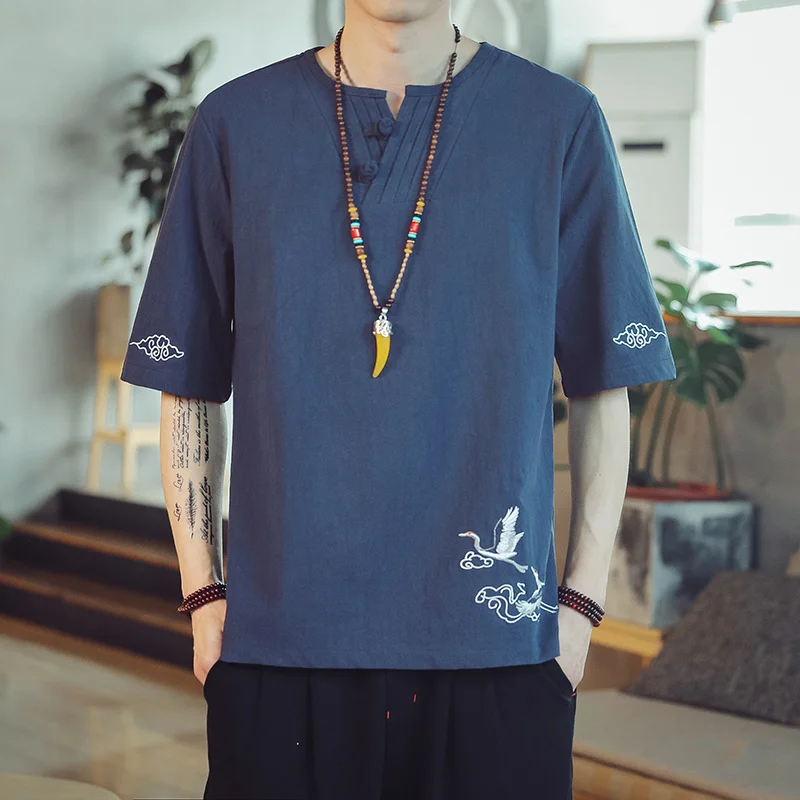 

Мужская хлопковая льняная футболка с вышивкой, свободная футболка в китайском стиле ретро, костюм Тан с короткими рукавами в стиле Харадзюку, лето 2022