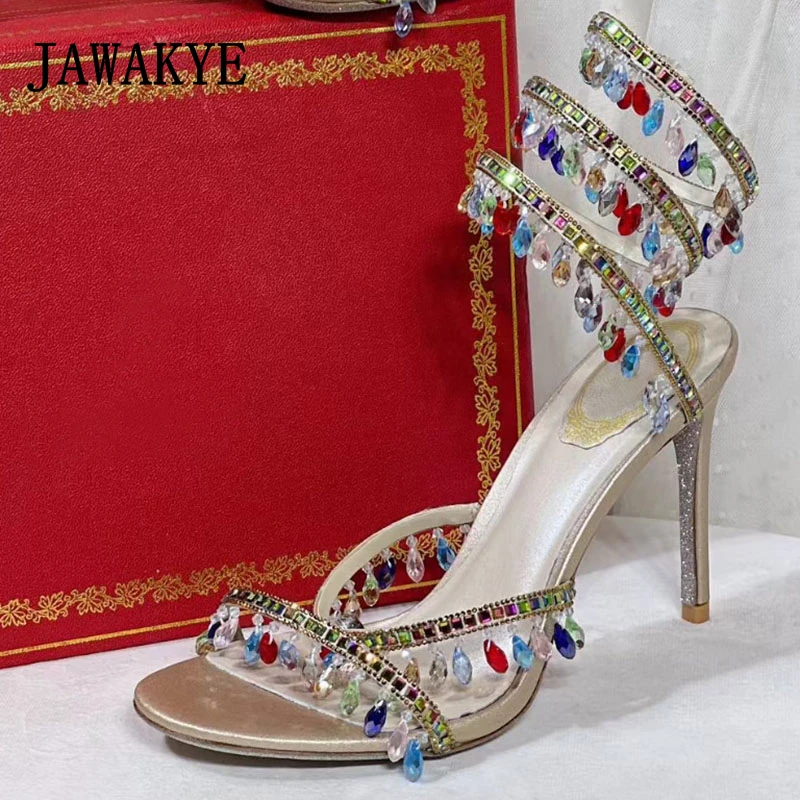 

Shining Snake Wrap High Heel Crystal Sandals Women Summer Sexy Rhinestone Beaded Stilettos Runway Party Shoes Gladiator Sandals