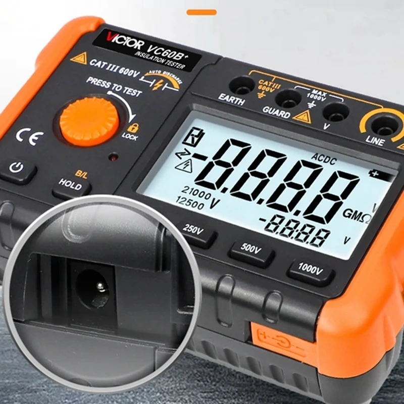 Victor VC60B+ Digital Insulation Resistance Tester 0.1~2000m ohm MegOhm Meter DC/AC 250V/500V/1000V DC Voltage Data Test Hold resistance tester